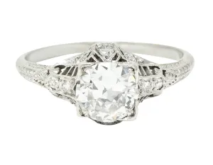Art Deco 0.94 CTW Old European Cut Diamond Platinum Square Filigree Engagement Ring