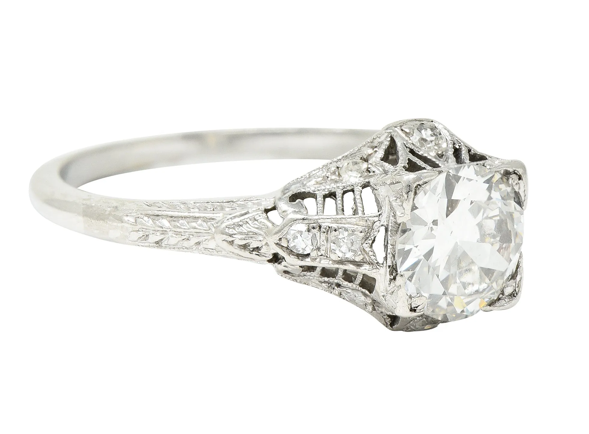 Art Deco 0.94 CTW Old European Cut Diamond Platinum Square Filigree Engagement Ring