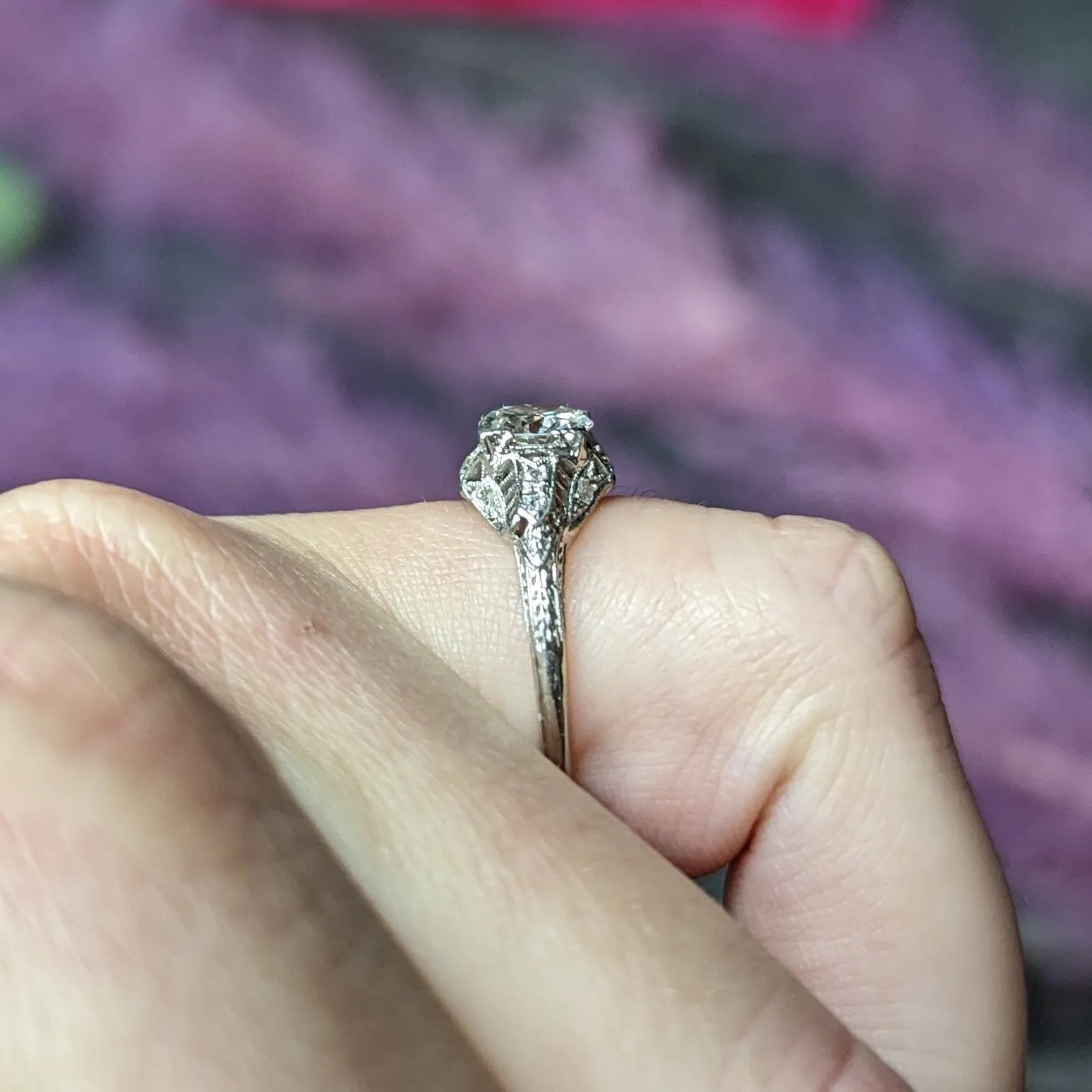 Art Deco 0.94 CTW Old European Cut Diamond Platinum Square Filigree Engagement Ring