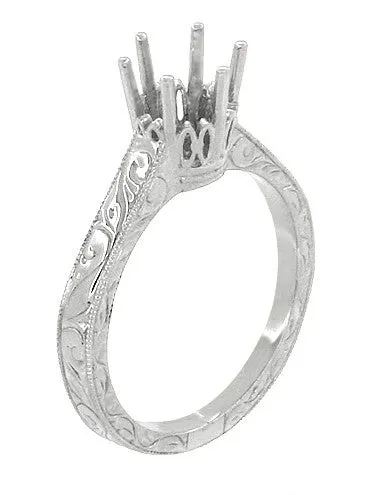 Art Deco 1 Carat Crown Filigree Scrolls Engagement Ring Setting in White Gold - 6.5mm Round Mount