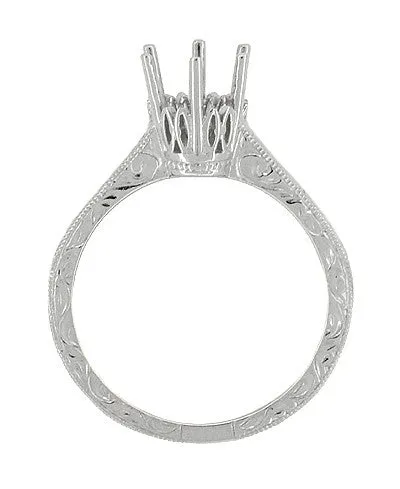 Art Deco 1 Carat Crown Filigree Scrolls Engagement Ring Setting in White Gold - 6.5mm Round Mount
