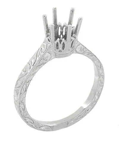 Art Deco 1 Carat Crown Filigree Scrolls Engagement Ring Setting in White Gold - 6.5mm Round Mount