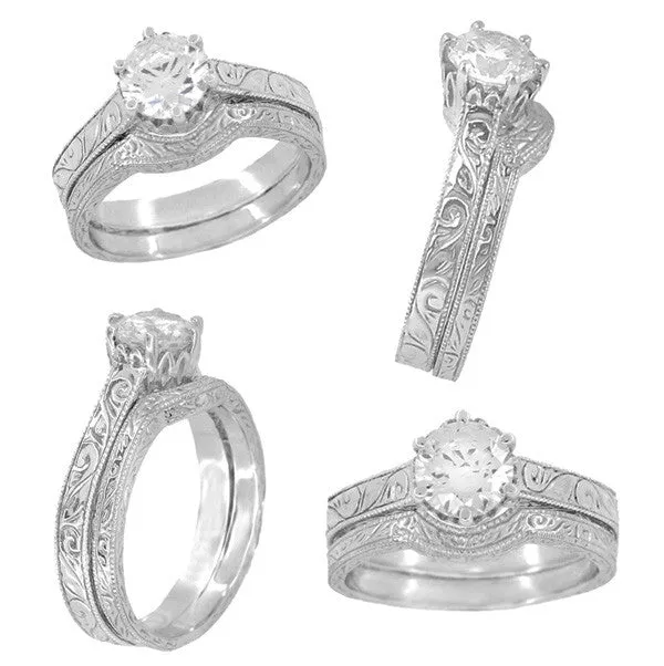 Art Deco 1 Carat Crown Filigree Scrolls Engagement Ring Setting in White Gold - 6.5mm Round Mount