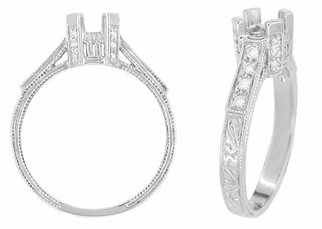 Art Deco Castle 1/3 Carat Diamond Filigree Engagement Ring Semi-Mount in 18 Karat White Gold