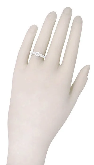 Art Deco Crown Filigree Scrolls Engraved 1/3 Carat Solitaire Diamond Engagement Ring in White Gold