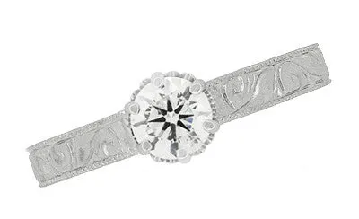 Art Deco Crown Filigree Scrolls Engraved 1/3 Carat Solitaire Diamond Engagement Ring in White Gold