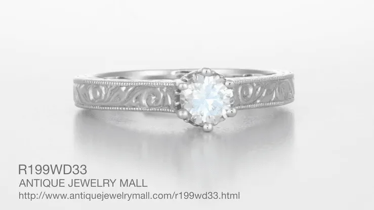 Art Deco Crown Filigree Scrolls Engraved 1/3 Carat Solitaire Diamond Engagement Ring in White Gold