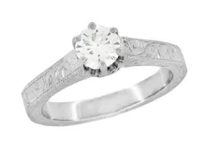 Art Deco Crown Filigree Scrolls Engraved 1/3 Carat Solitaire Diamond Engagement Ring in White Gold