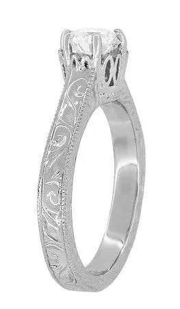 Art Deco Crown Filigree Scrolls Engraved 1/3 Carat Solitaire Diamond Engagement Ring in White Gold