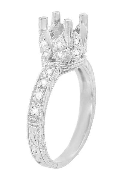 Art Deco Loving Butterflies Filigree Engagement Ring Setting for a 1 Carat Round Diamond in 18 Karat White Gold
