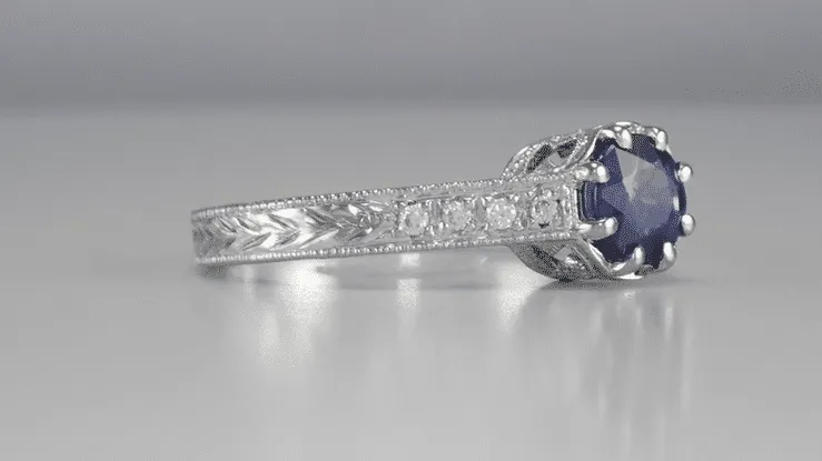 Art Deco Royal Crown 1 Carat Sapphire Engraved Engagement Ring in 18 Karat White Gold