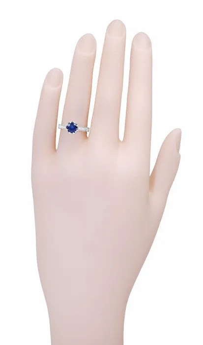 Art Deco Royal Crown 1 Carat Sapphire Engraved Engagement Ring in 18 Karat White Gold