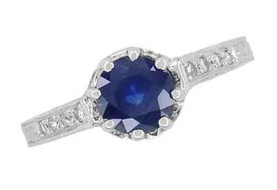 Art Deco Royal Crown 1 Carat Sapphire Engraved Engagement Ring in 18 Karat White Gold