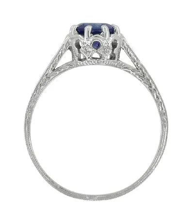 Art Deco Royal Crown 1 Carat Sapphire Engraved Engagement Ring in 18 Karat White Gold