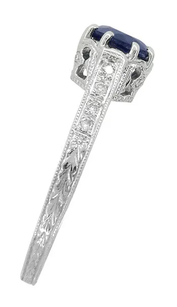 Art Deco Royal Crown 1 Carat Sapphire Engraved Engagement Ring in 18 Karat White Gold