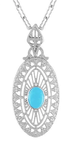 Art Deco Turquoise Filigree Oval Pendant Necklace in Sterling Silver