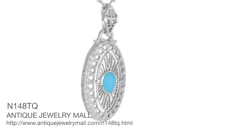 Art Deco Turquoise Filigree Oval Pendant Necklace in Sterling Silver