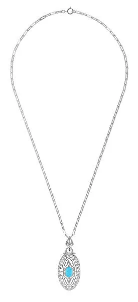Art Deco Turquoise Filigree Oval Pendant Necklace in Sterling Silver