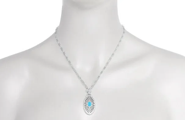 Art Deco Turquoise Filigree Oval Pendant Necklace in Sterling Silver