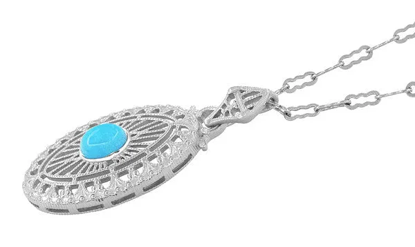 Art Deco Turquoise Filigree Oval Pendant Necklace in Sterling Silver
