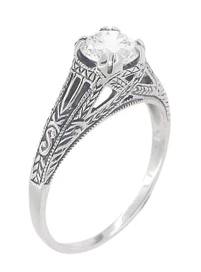 Art Deco White Topaz Filigree Engraved Promise Ring in Sterling Silver