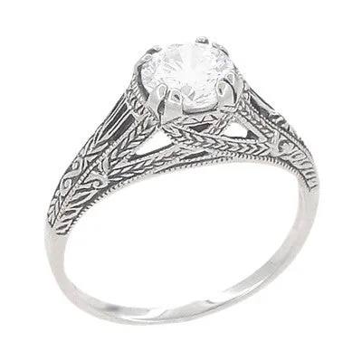 Art Deco White Topaz Filigree Engraved Promise Ring in Sterling Silver