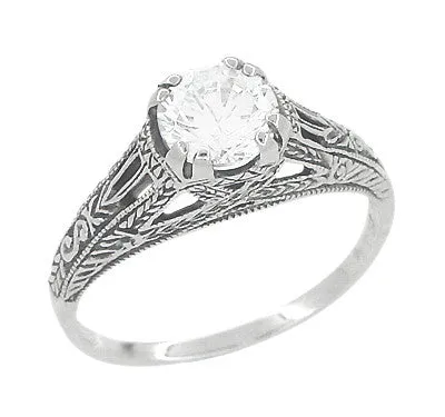 Art Deco White Topaz Filigree Engraved Promise Ring in Sterling Silver