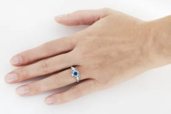 Blue Sapphire and Diamonds Scroll Dome Edwardian Filigree Engagement Ring in 14 Karat White Gold | 1910 Vintage Design
