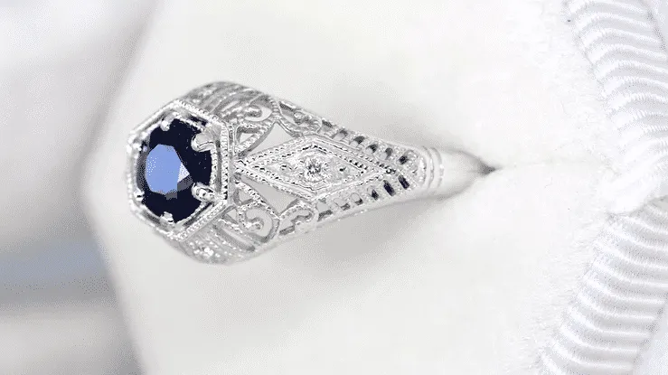 Blue Sapphire and Diamonds Scroll Dome Edwardian Filigree Engagement Ring in 14 Karat White Gold | 1910 Vintage Design