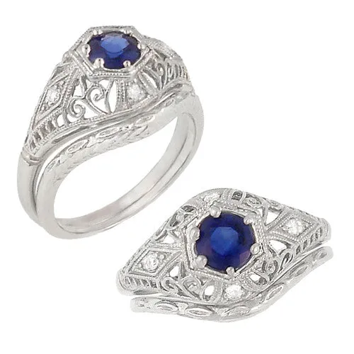 Blue Sapphire and Diamonds Scroll Dome Edwardian Filigree Engagement Ring in 14 Karat White Gold | 1910 Vintage Design