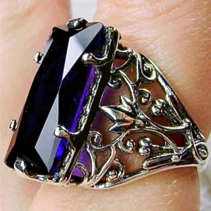 Blue Sapphire Ring, Baguette Gem, Floral Leaf Filigree, Victorian Jewelry, D32