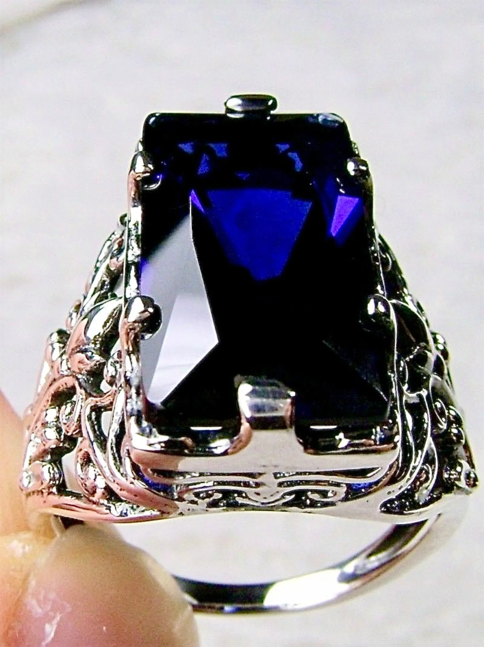 Blue Sapphire Ring, Baguette Gem, Floral Leaf Filigree, Victorian Jewelry, D32