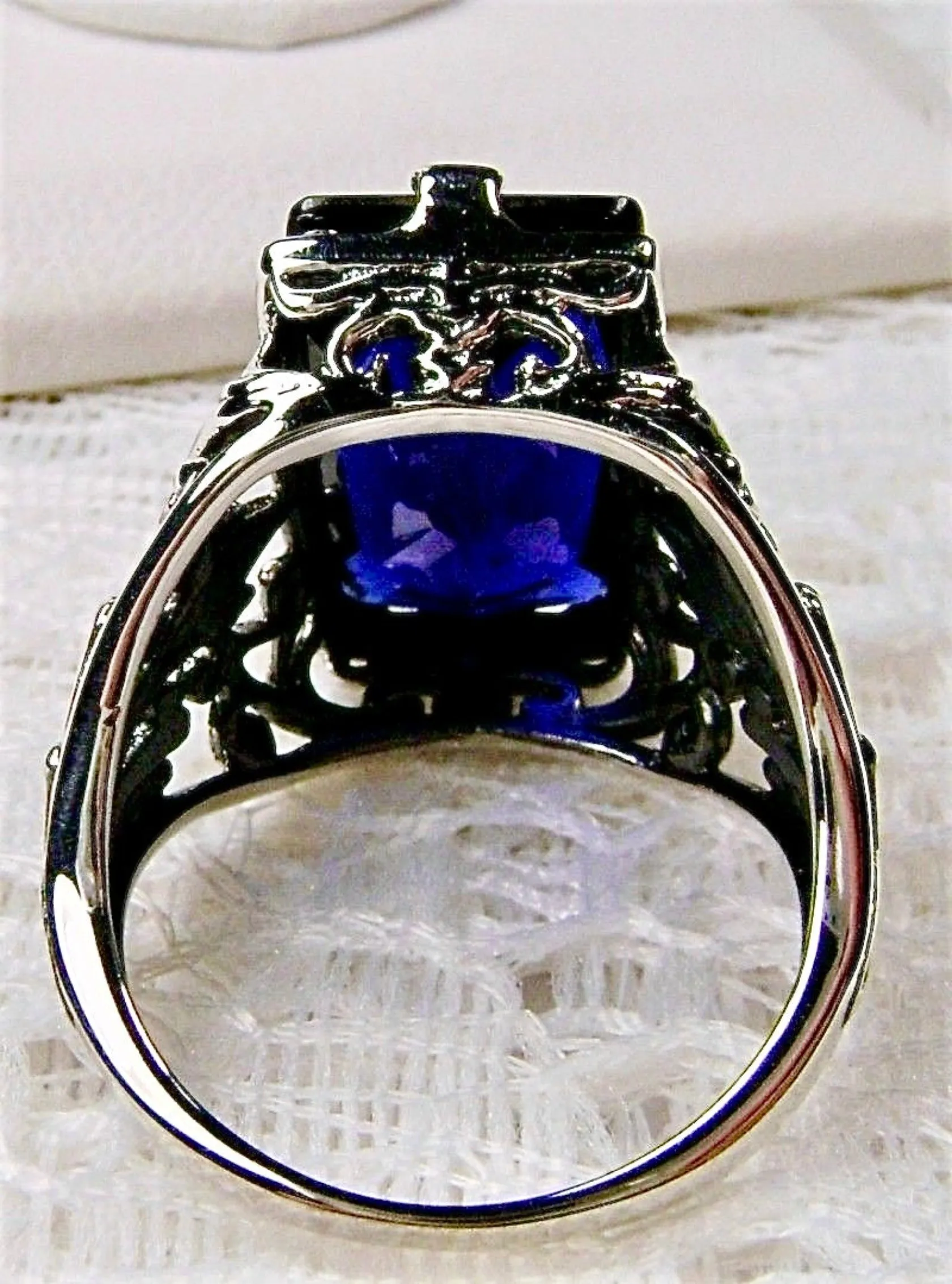 Blue Sapphire Ring, Baguette Gem, Floral Leaf Filigree, Victorian Jewelry, D32