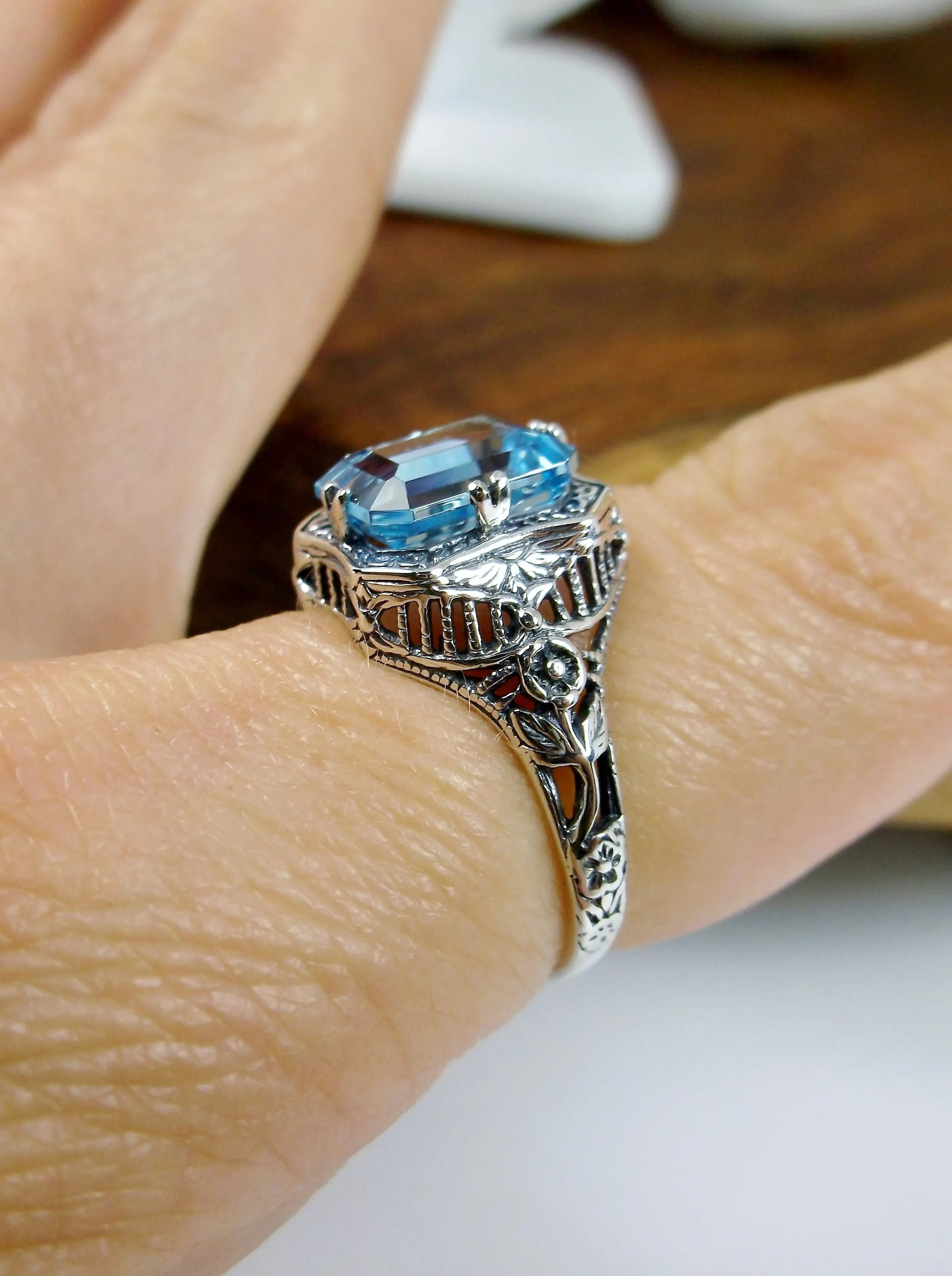 Blue Topaz Ring, Natural or Simulated Sky Blue Gemstone, Edwardian Jewelry #D148