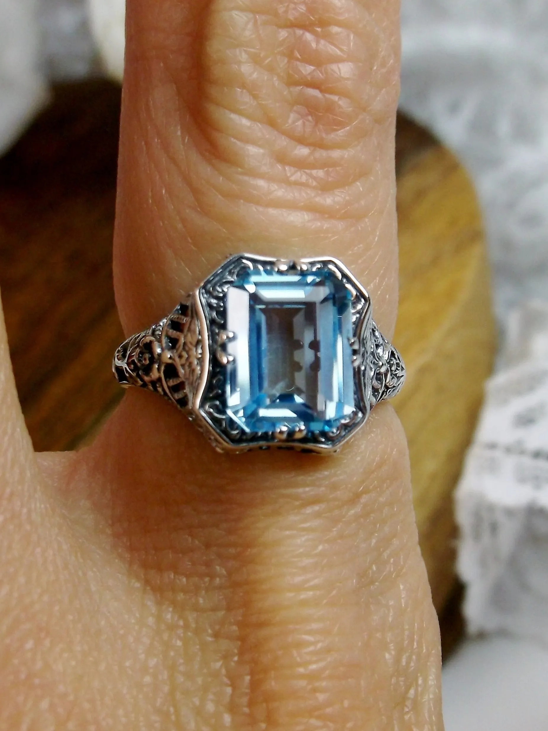Blue Topaz Ring, Natural or Simulated Sky Blue Gemstone, Edwardian Jewelry #D148
