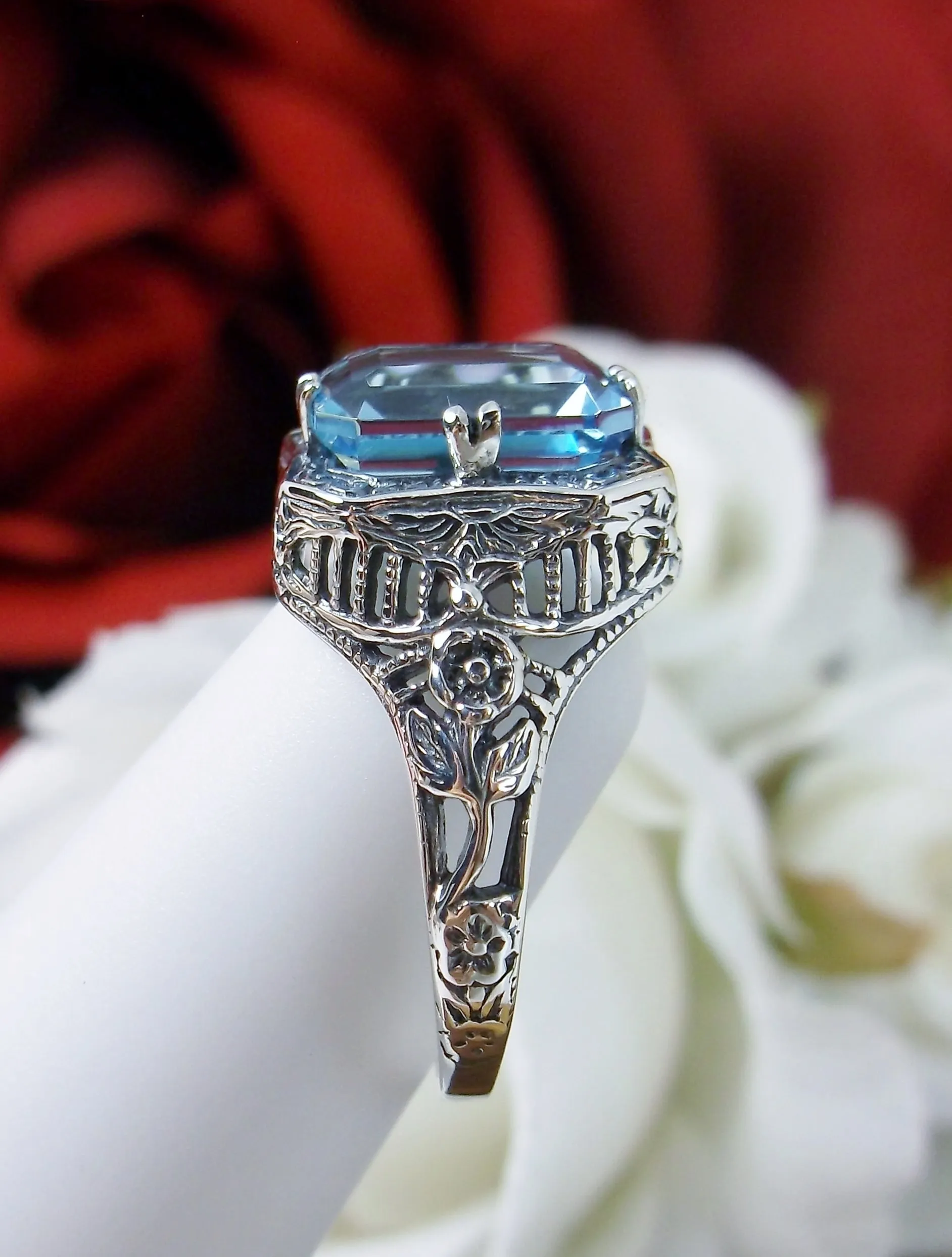 Blue Topaz Ring, Natural or Simulated Sky Blue Gemstone, Edwardian Jewelry #D148