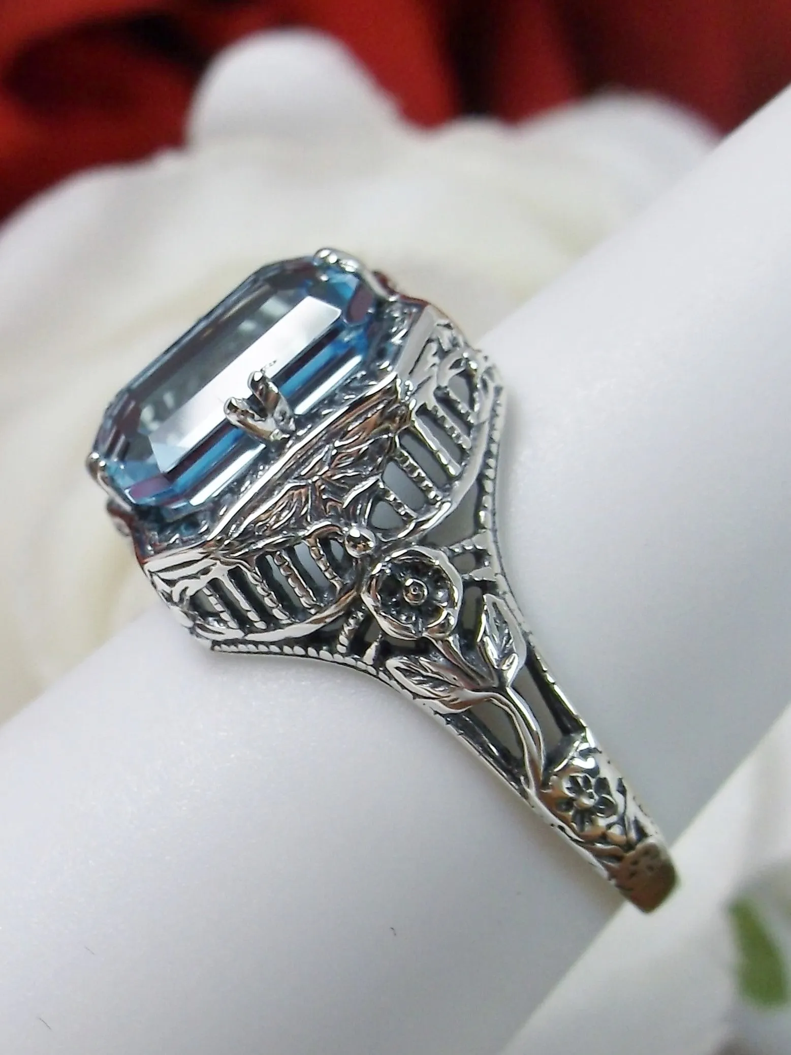 Blue Topaz Ring, Natural or Simulated Sky Blue Gemstone, Edwardian Jewelry #D148