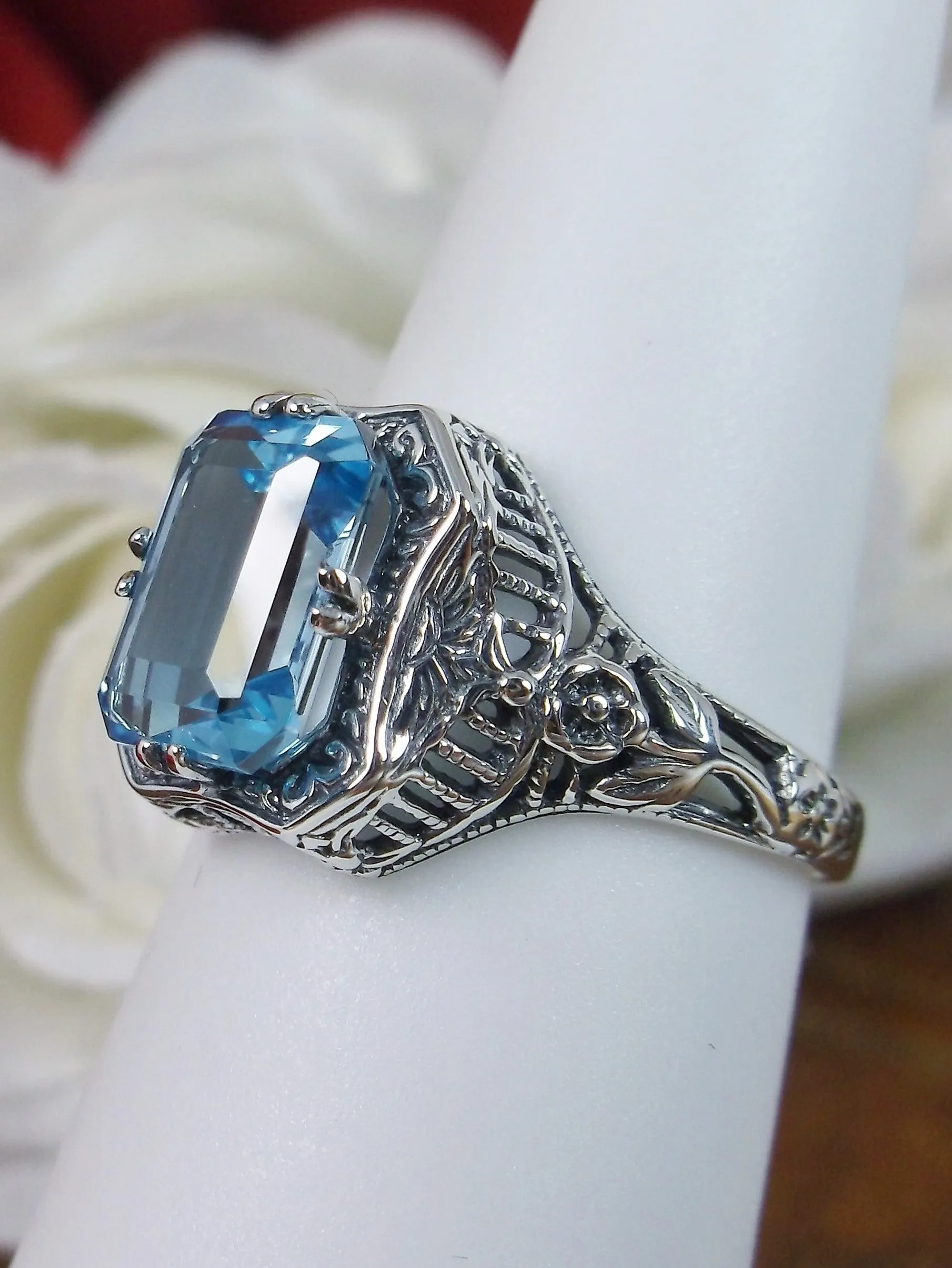 Blue Topaz Ring, Natural or Simulated Sky Blue Gemstone, Edwardian Jewelry #D148