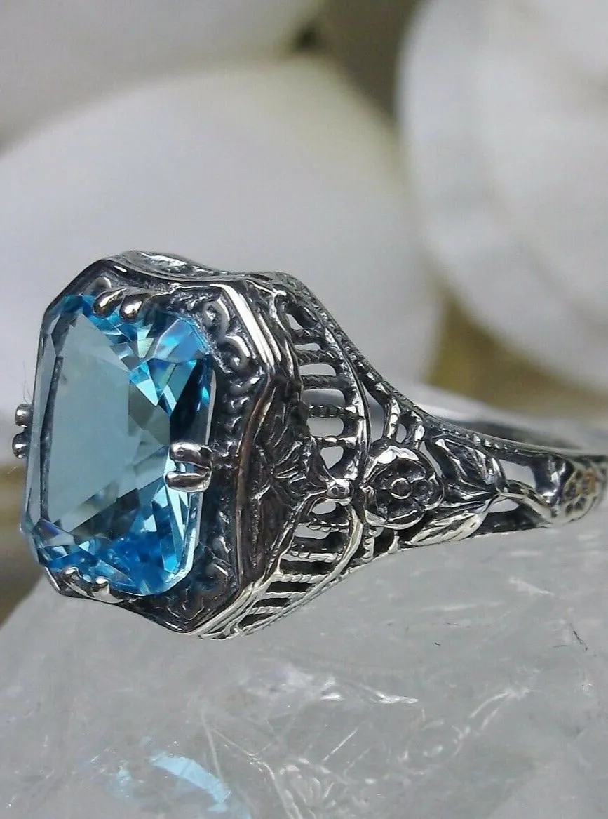 Blue Topaz Ring, Natural or Simulated Sky Blue Gemstone, Edwardian Jewelry #D148
