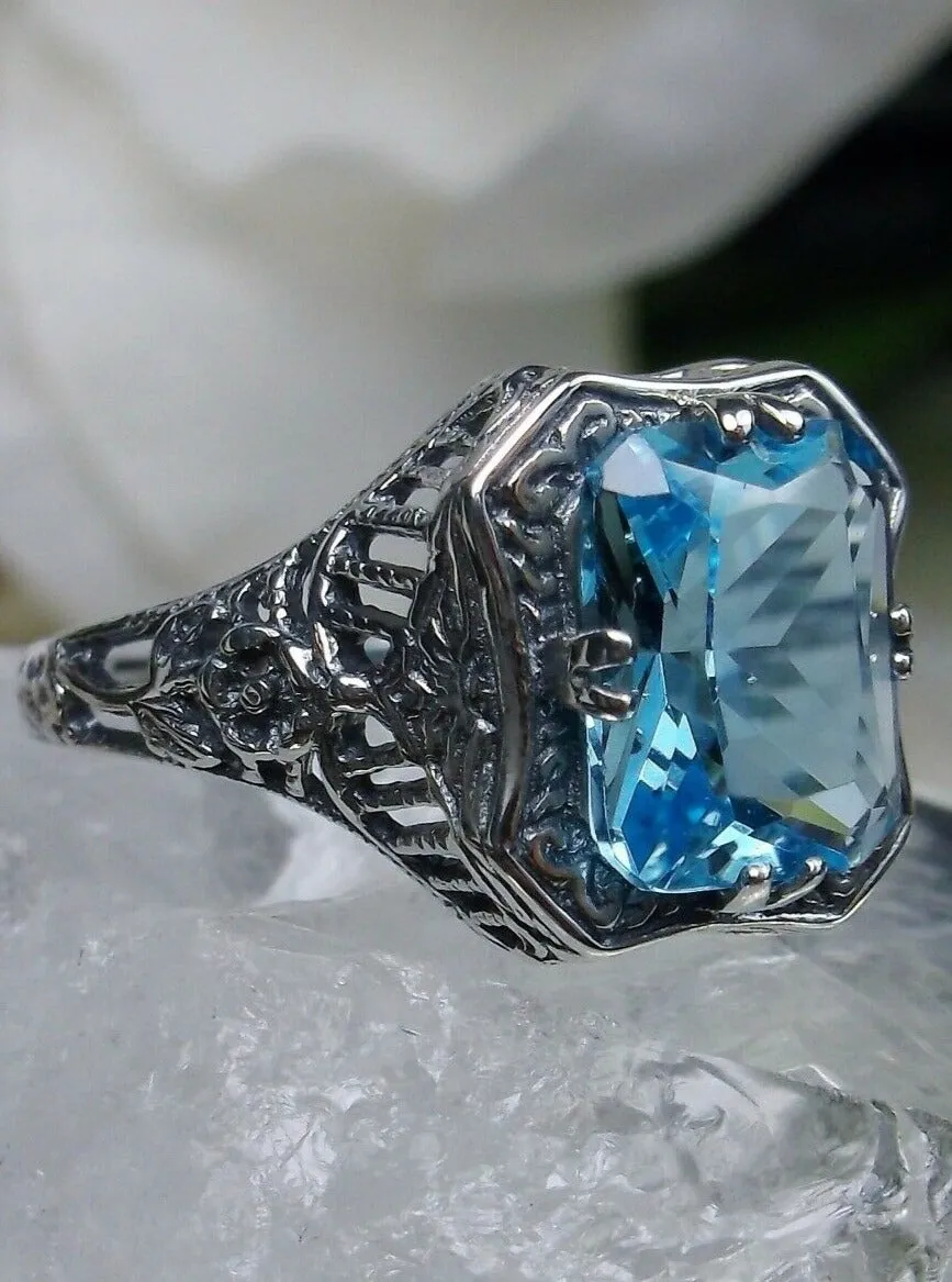 Blue Topaz Ring, Natural or Simulated Sky Blue Gemstone, Edwardian Jewelry #D148