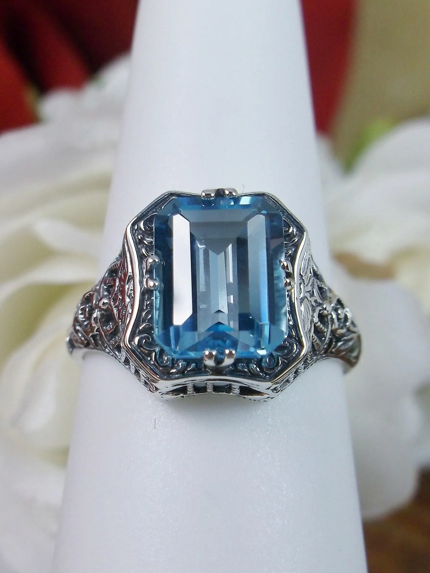 Blue Topaz Ring, Natural or Simulated Sky Blue Gemstone, Edwardian Jewelry #D148