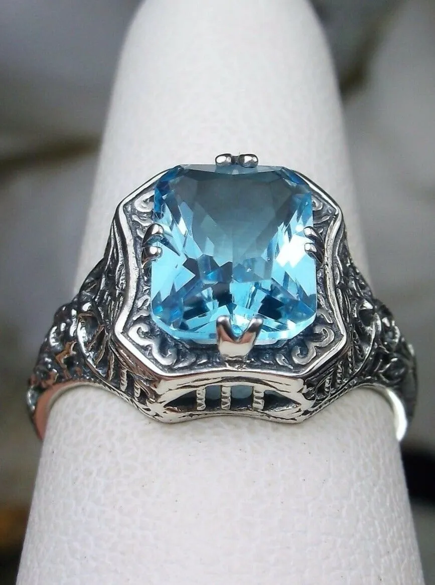 Blue Topaz Ring, Natural or Simulated Sky Blue Gemstone, Edwardian Jewelry #D148