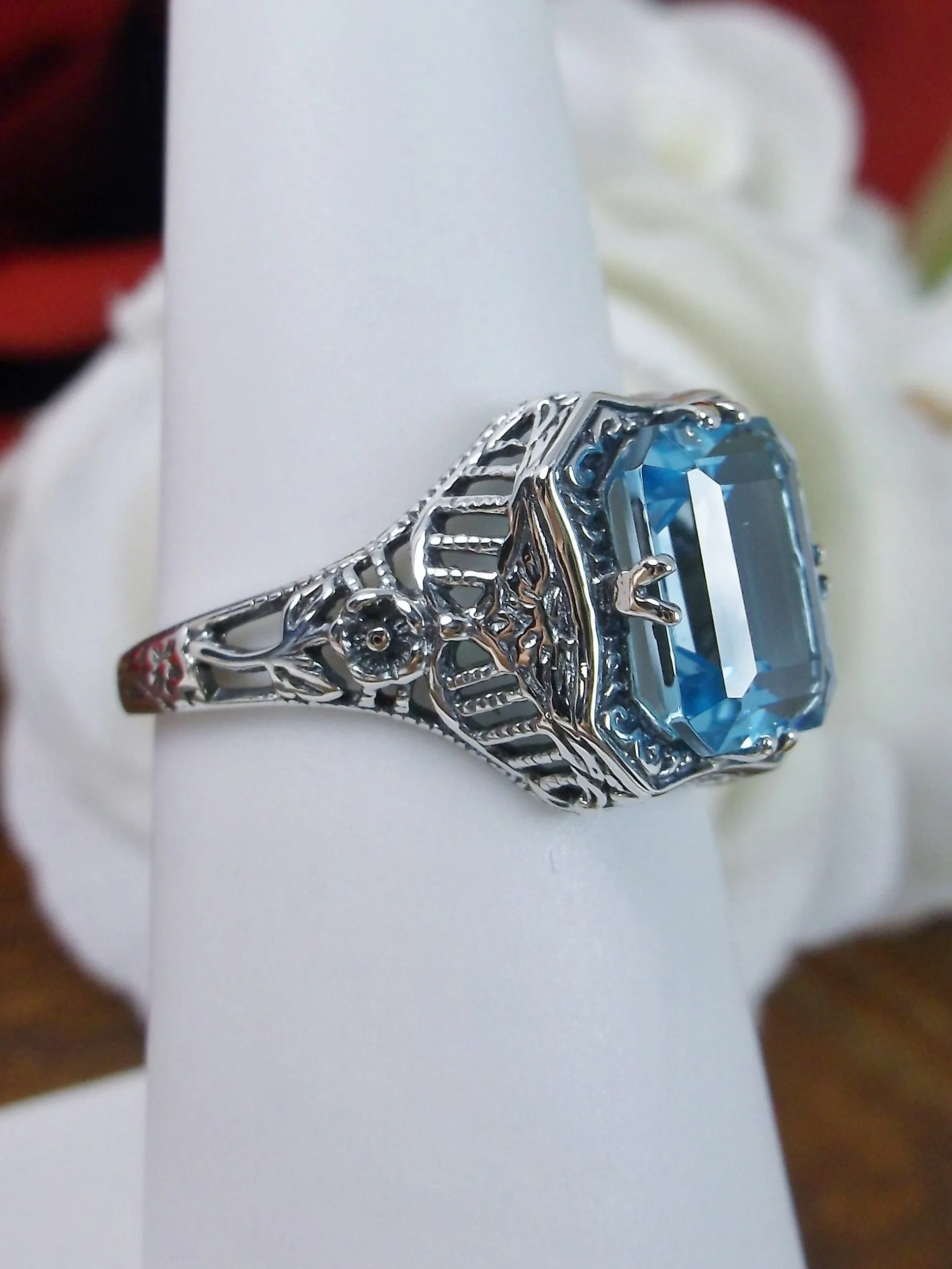 Blue Topaz Ring, Natural or Simulated Sky Blue Gemstone, Edwardian Jewelry #D148