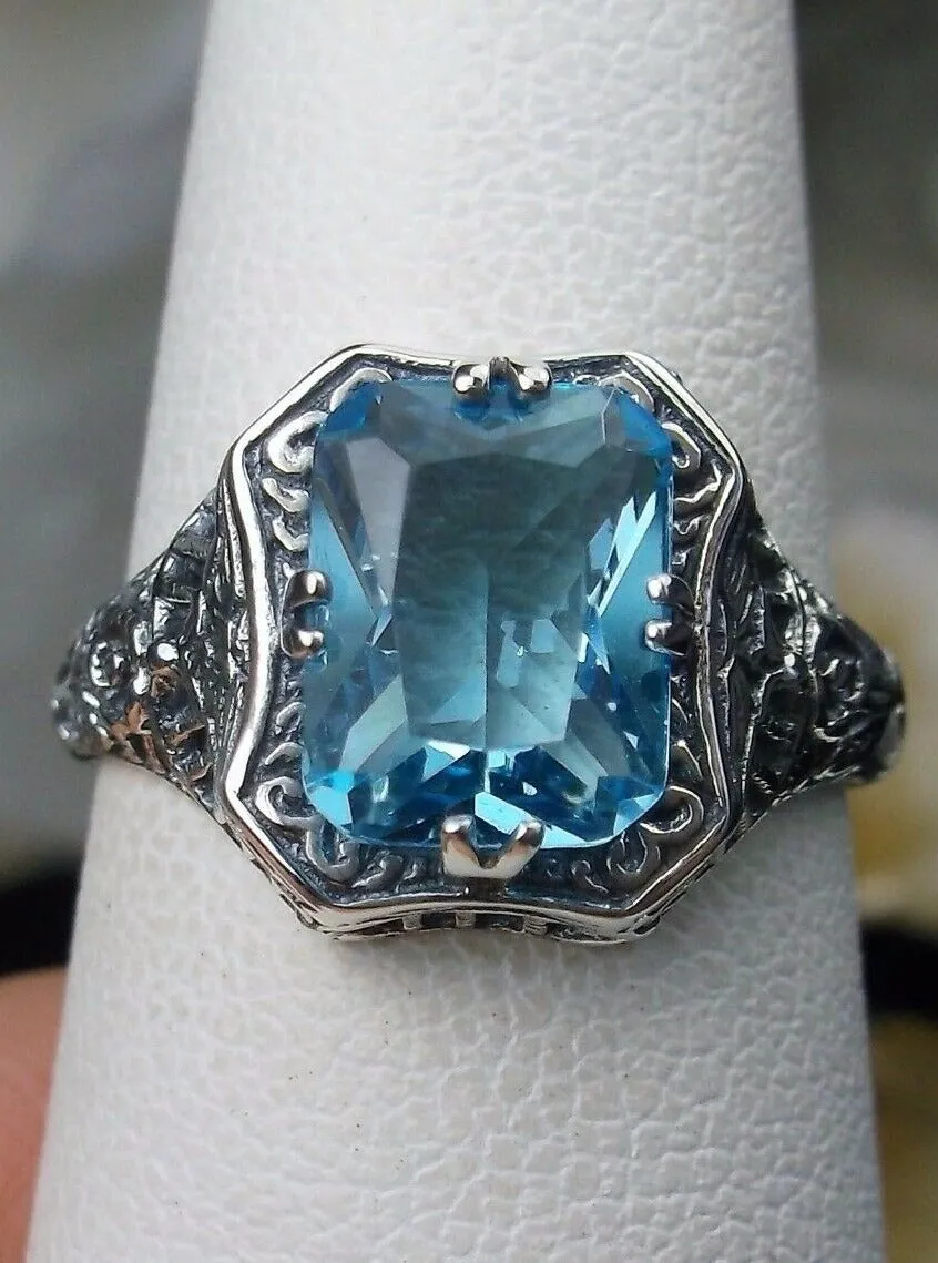 Blue Topaz Ring, Natural or Simulated Sky Blue Gemstone, Edwardian Jewelry #D148