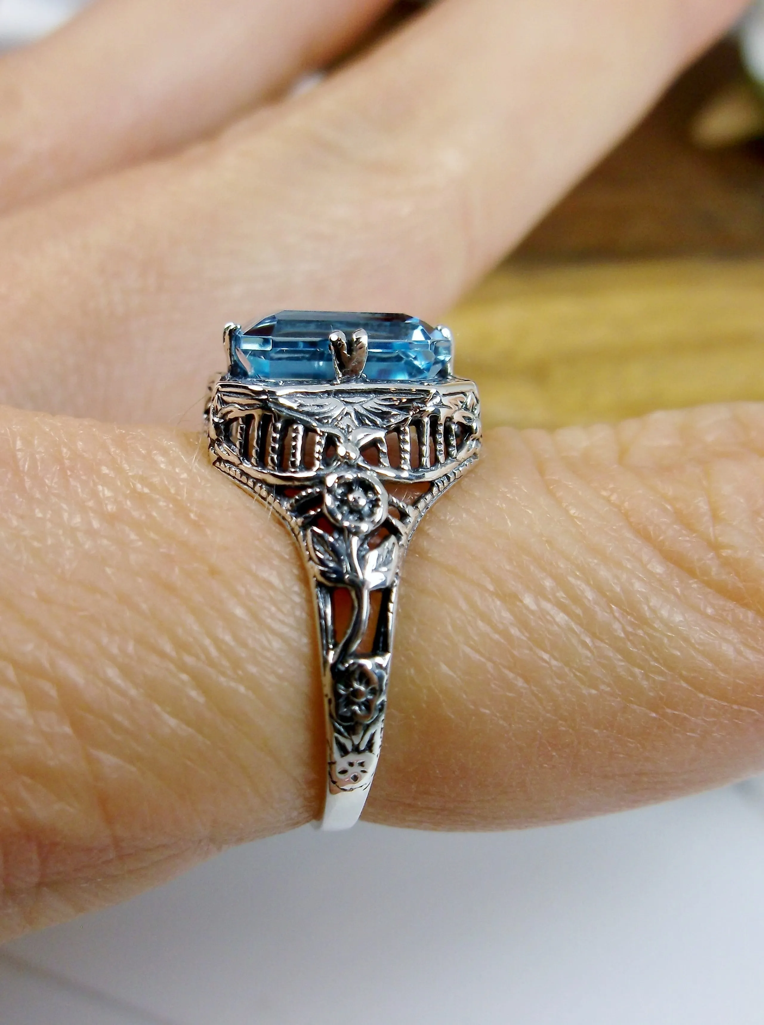 Blue Topaz Ring, Natural or Simulated Sky Blue Gemstone, Edwardian Jewelry #D148