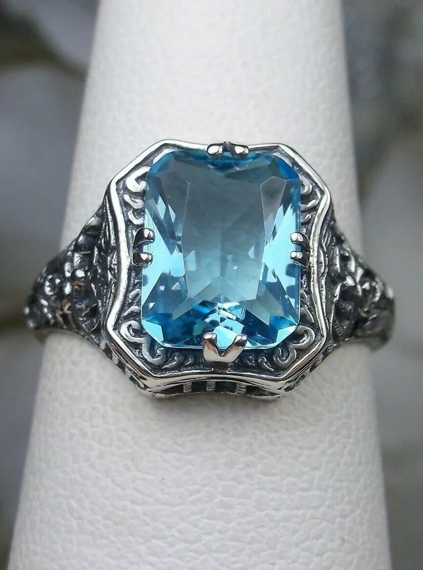 Blue Topaz Ring, Natural or Simulated Sky Blue Gemstone, Edwardian Jewelry #D148
