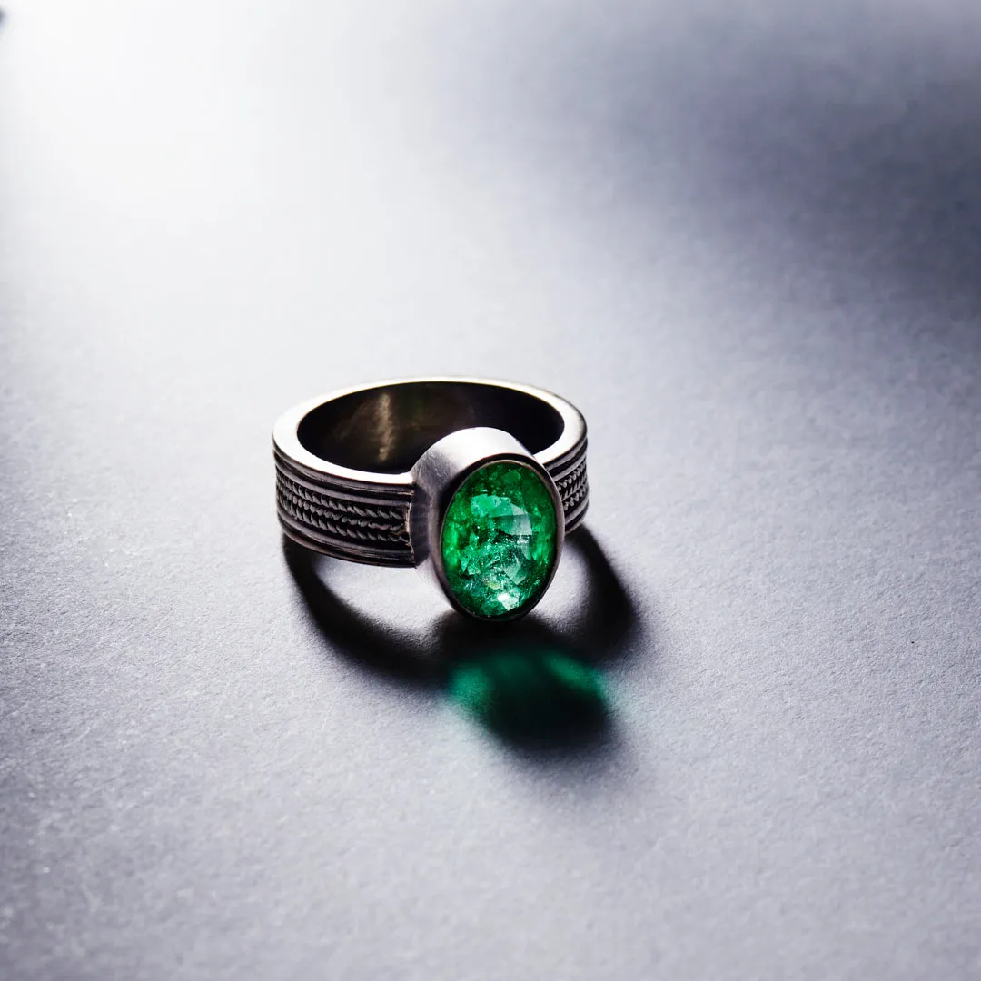 Braid Triple Row Oval Emerald Ring in 18K Alpine Gold