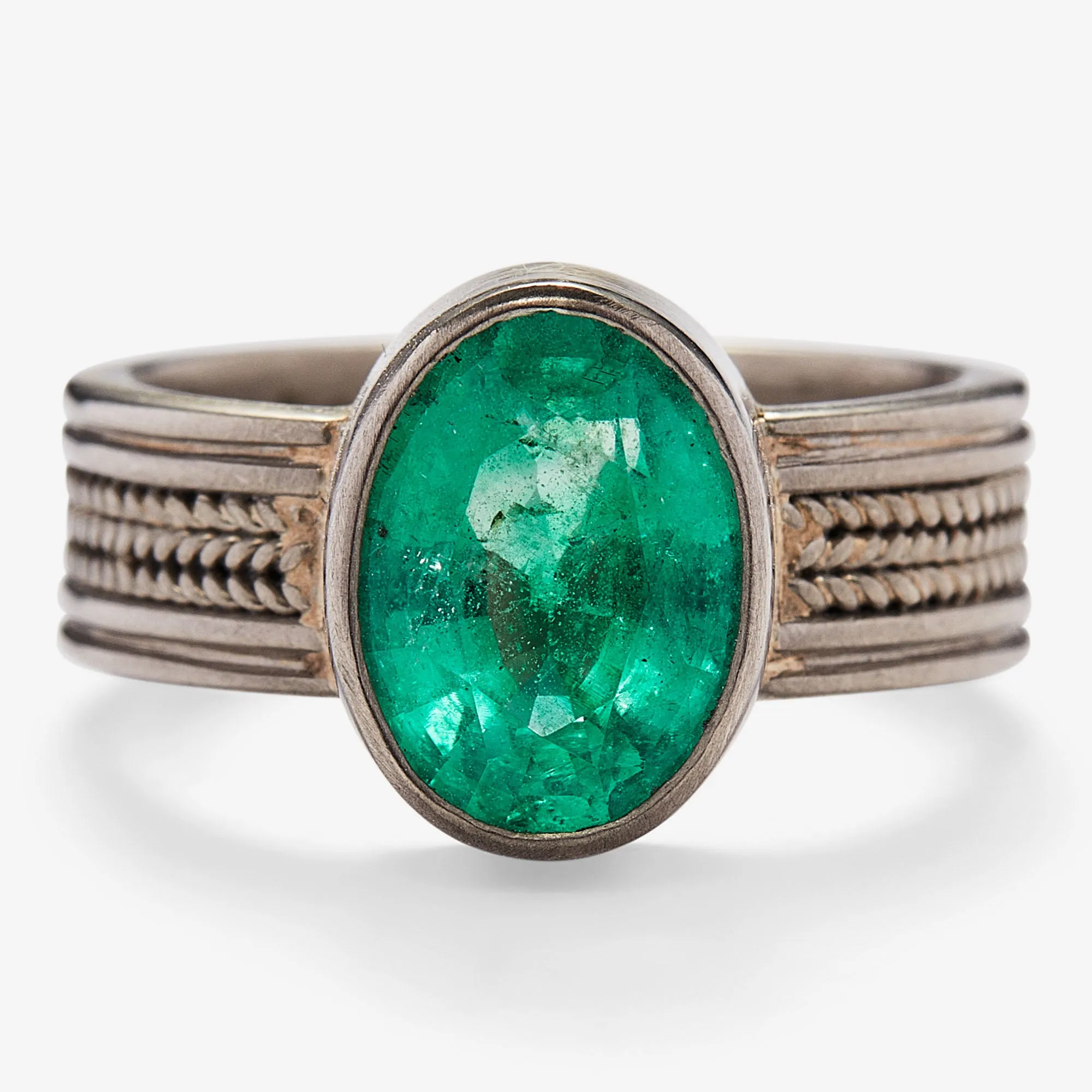 Braid Triple Row Oval Emerald Ring in 18K Alpine Gold