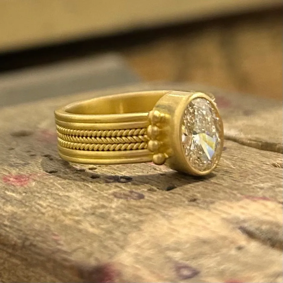 Braid Triple Row with Granules Oval Diamond Ring in 20K Peach Gold