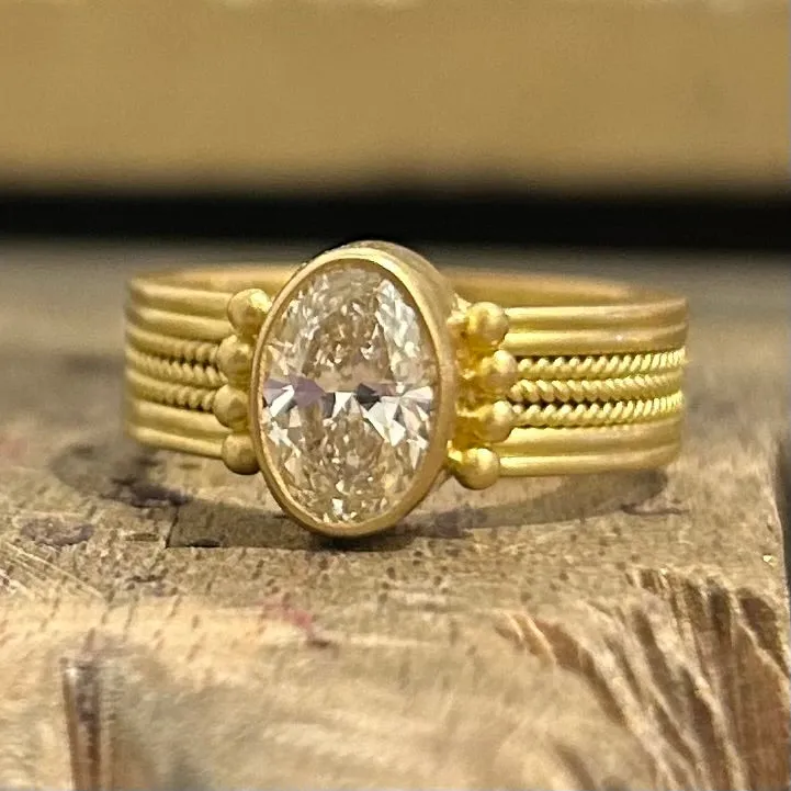Braid Triple Row with Granules Oval Diamond Ring in 20K Peach Gold